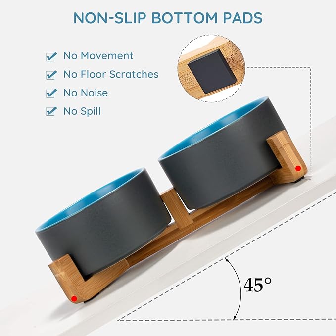 SPUNKYJUNKY Ceramic Dog and Cat Bowl Set with Wooden Stand, Modern Cute Weighted Food Water Set for Small Size Dogs (13.5OZ) & Medium Sized Dogs (28.7OZ) & Cats (3.6 Cups, 2 × Blue-Grey)
