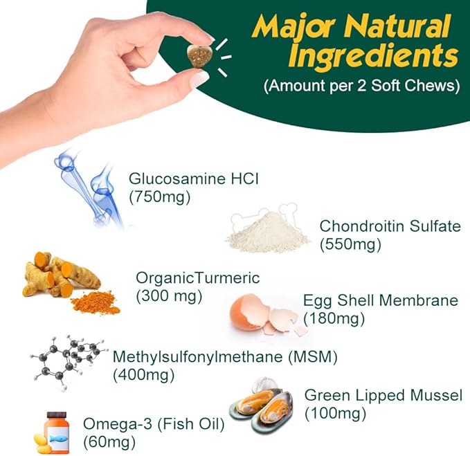 Advanced Hip & Joint Supplement for Dogs with Glucosamine and Chondroitin, for Dogs Glucosamine, Organic Turmeric, Egg Shell Membrane, Green Lipped Mussel, 90-Count, Chicken