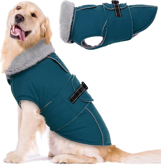 Lelepet Warm Dog Coat Reflective Fleece Vest Waterproof Dog Jacket with Adjustable Buckle Hook & Loop Windproof Cold Weather Coats for Small Medium Large Dogs, Dark Green, XXXL