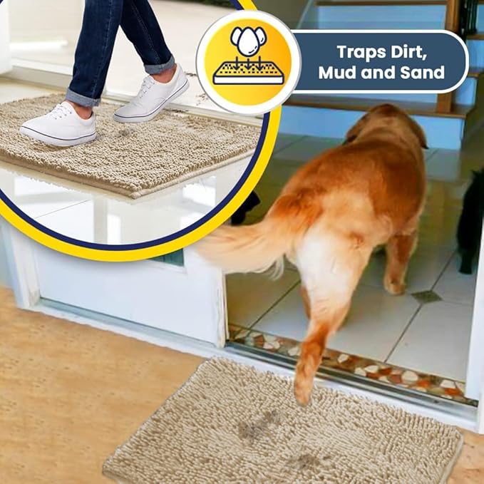 Muddy Mat® Shown on TV – Super Absorbent Microfiber Dog Door Mat for Muddy Paws, Non-Slip Washable Pet Rug, Quick Dry Chenille Entryway Carpet, Machine Washable Indoor Outdoor mat, Beige 35"x24"