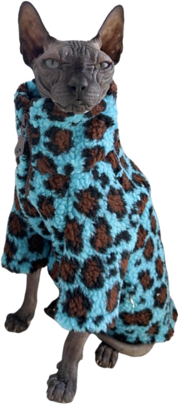 Turtleneck Sphynx Cat Winter Clothes, Double-Sided Fleece Jacket with Zipper, Sweater for Sphynx Cat Winter Warm Outfit Coat for Hairless Cats and Small Dogs Apparel with Sleeves (Leopard, Small)