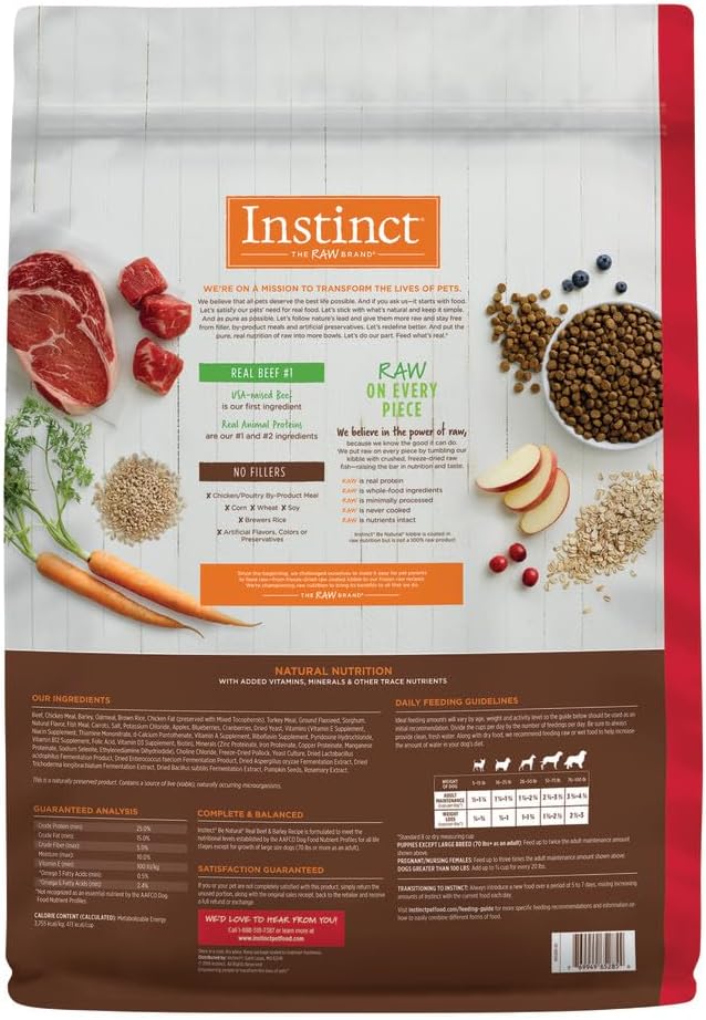 Instinct Be Natural, Natural Dry Dog Food, Raw Coated Kibble - Real Beef & Barley, 25 lb. Bag