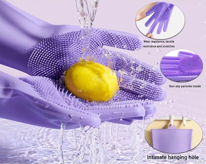 1 pairs Silicone Dishwashing & Pet Grooming Gloves - 2-in-1 Heat Resistant Gloves with High-Density Teeth, Enhanced Five Finger Design for Bathing, Cleaning Dishes, Cars, Dogs & Cats(Purple)