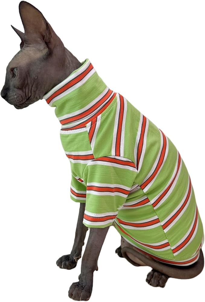 Vintage Stripes Sphynx Hairless Cats Shirt Cotton Cat Turtleneck Pet Clothes Kitten T-Shirts with Sleeves for Sphynx Cornish Rex, Devon Rex, Peterbald (Orange & Green, Large (Pack of 1))