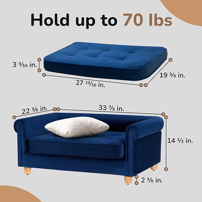 dCee Medium Dog Sofa, Holds Up to 70 Lbs, 33 in. Soft Velvety Dog Couches, Pet Sofa for Comfort Sleep and Joint Support, Navy