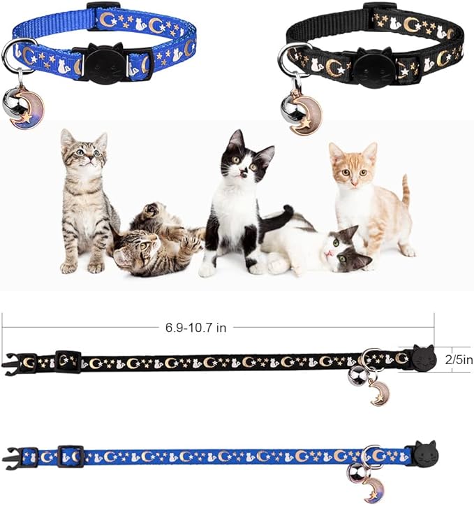 2PCS Breakaway Cat Collars with Bell Moons Stars Cute Kitty Adjustable Safe Kitten Collars with Pendant Glow in The Dark(Black&Blue)