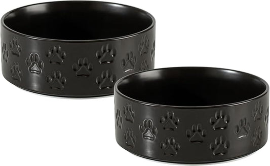 Ceramic Dog Bowl Set with Anti-Slip Rings for Medium Breed Dogs, 7.3" Food and Water Bowls, Pet Dishes for Medium-Sized Dogs (Double Bowls - Black, 7.3 inch)