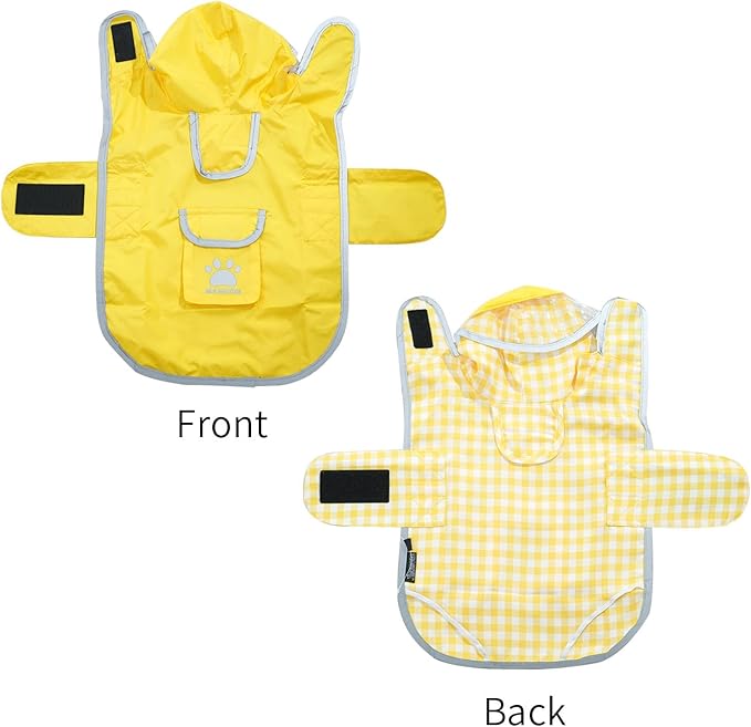 MAMORE Dog Raincoat Reversible,Waterproof Dog Rain Coat Hooded Slicker Poncho with Reflective Strip, Plaid Double Layer Rain Jacket for Small Medium Large Dogs (Yellow, Large)