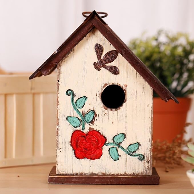 Bird House Wooden Carved Floral Birdhouse with Hanging,White Hanging Bird House for Outside