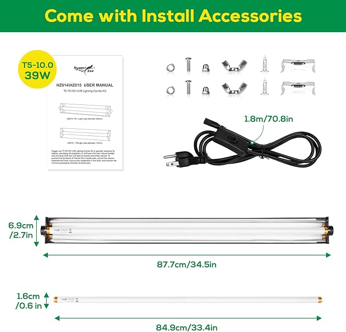 T5 UVB Reptile Light Fixture HO UVB Bulb Lighting Combo Kit, 10.0 UVB Light for Reptiles Terrarium Hood with 39W Reptile Light Bar UVA UVB Desert Lamp for Bearded Dragon Turtle Tank, 34Inch