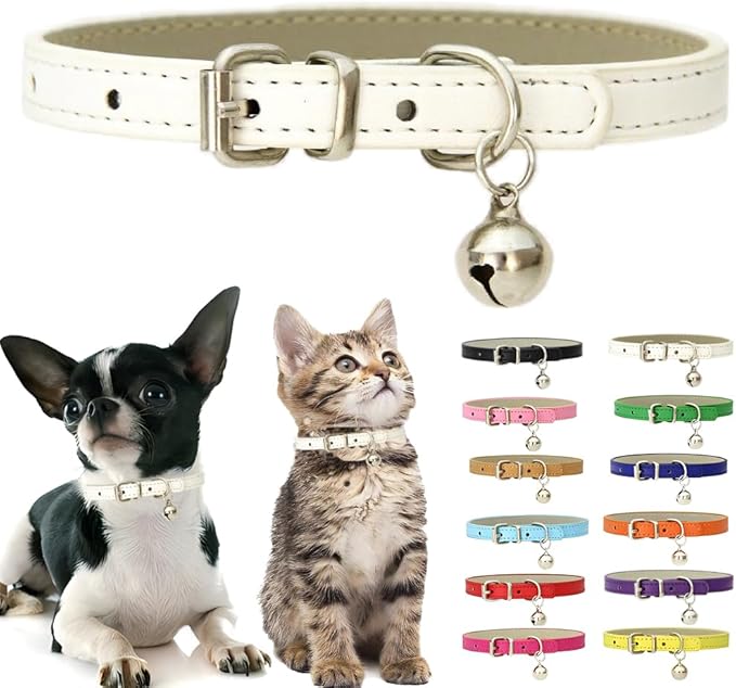 White Cat Collar with Bell, Soft Pu Leather Small Dog Collars Adjustable Buckle for XXS XS Extra Small Medium Tiny Female Male Boys Girls Pets Puppy Kitten Teacup Yorkie XX-Small