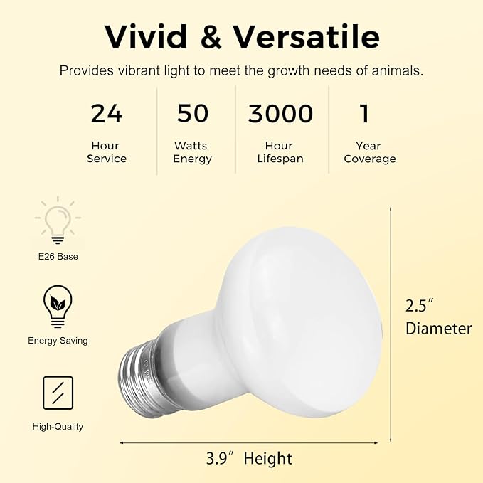 Reptile Heat Lamp 50W, 2 Pack Daylight UVA Basking Light Bulbs with E26 Base for Lizards, Turtles, Snakes and Amphibians