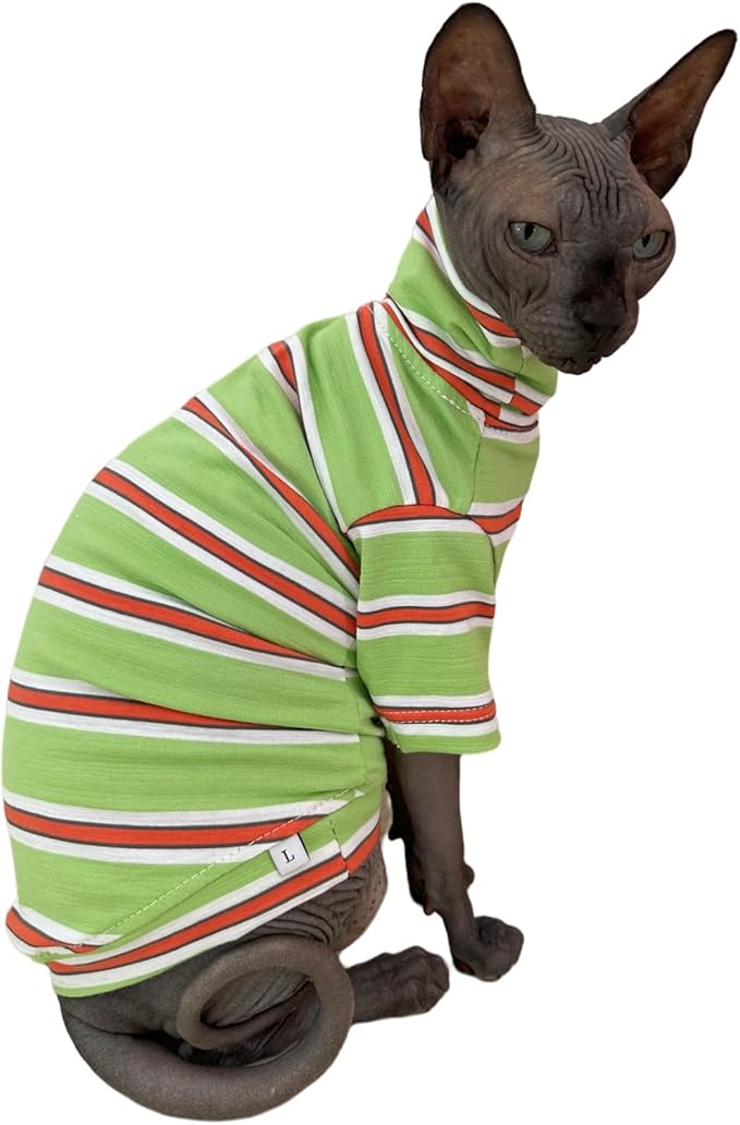 Vintage Stripes Sphynx Hairless Cats Shirt Cotton Cat Turtleneck Pet Clothes Kitten T-Shirts with Sleeves for Sphynx Cornish Rex, Devon Rex, Peterbald (Orange & Green, Large (Pack of 1))