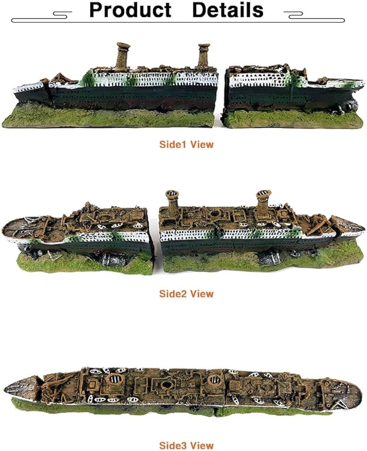 Aquarium Titanic Shipwreck Ornament - Decor Cave for Fish Tank, Sunken Ship Ornament, Aquarium Decoration - 14.2 Inches Long