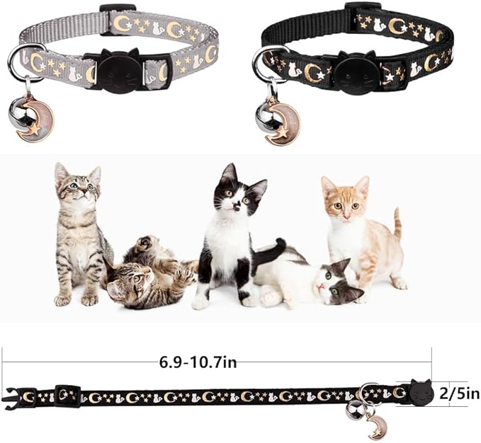 2PCS Breakaway Cat Collars with Bell Cute Kitty Glow in The Dark Adjustable Kitten Collars(Grey&Black)