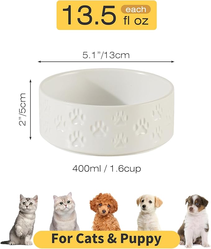 5.1" Non-Slip Ceramic 2 - Piece Dog Bowl Set for Toy Breed Dogs - Food and Water Bowls for Puppy, Pet Dishes for Cats, Kitty (Double Bowls - White, 5.1 inch)
