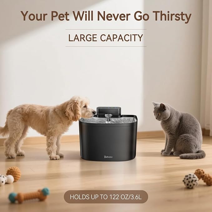 Cat Water Fountain, App Control Cat Fountain, 122oz/3.6L Pumpless Water Fountains for Cats Indoor with Stainless Steel Tray, Wi-Fi Dog and Pet Water Fountain (Black, Fountain+8 Fliters)