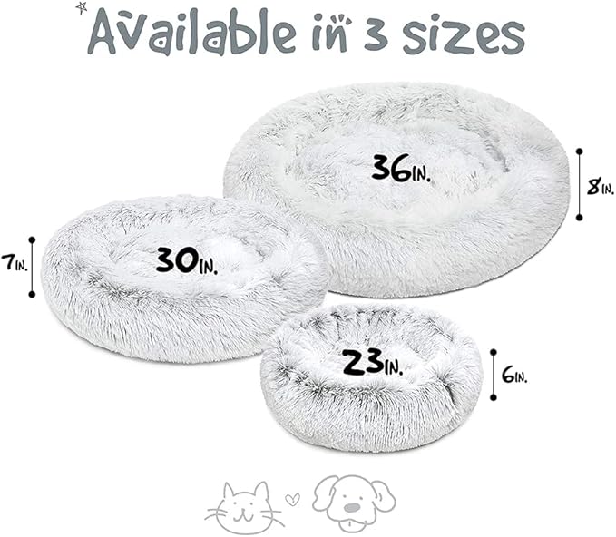 Friends Forever Donut Dog Bed Faux Fur Fluffy Calming Sofa For Medium Dogs, Soft & Plush Anti Anxiety Pet Couch For Dogs, Machine Washable Coco Pet Bed with Non-Slip Bottom, 30"x30"x7" Ivory