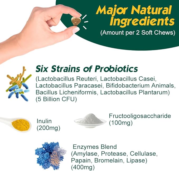 Advanced Probiotic for Dogs, Supports Digestive Health, Immune Health, Gut Health, Improves Nutrient Absorption - Six Strains of Probiotics - Inulin - Enzyme Blend, 90-Count, Chicken