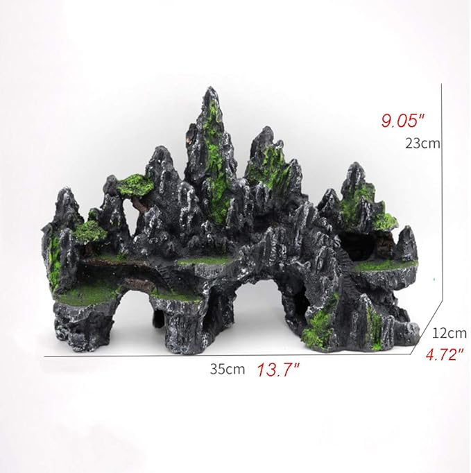 PakyKai Large Fish Tank Decorations, Mountain View Aquarium Ornament with Tree House Cave Bridge Artificial Plastic Plants Aquarium Decorations