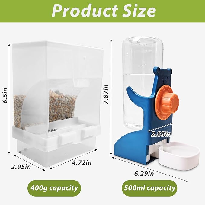 PINVNBY 2 PCS No Mess Bird Feeder Water Dispenser Set, Automatic Birds Water Feeder, Parakeet Seed Food Feeding Drinker for Cage, Plastic Parrot Feeder Accessories for Parakeets Cockatiel Lovebird