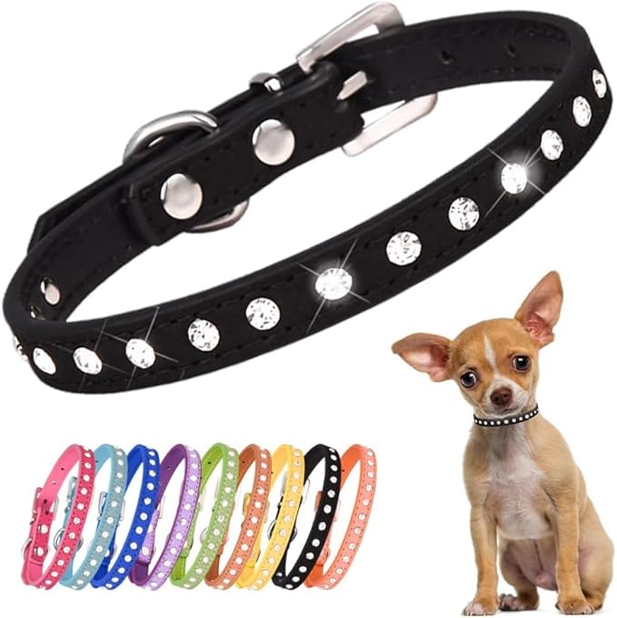 Rhinestone Dog Collar Suede Leather Crystal Diamond Colorful Bling Girl Puppy Cat Collars XS Small Pets (XS, Black)