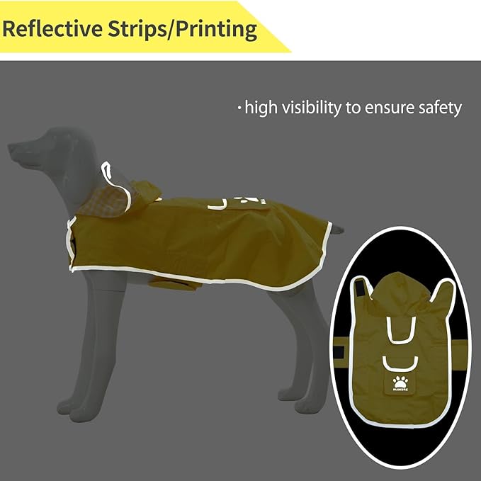 MAMORE Dog Raincoat Reversible,Waterproof Dog Rain Coat Hooded Slicker Poncho with Reflective Strip, Plaid Double Layer Rain Jacket for Small Medium Large Dogs (Yellow, Large)