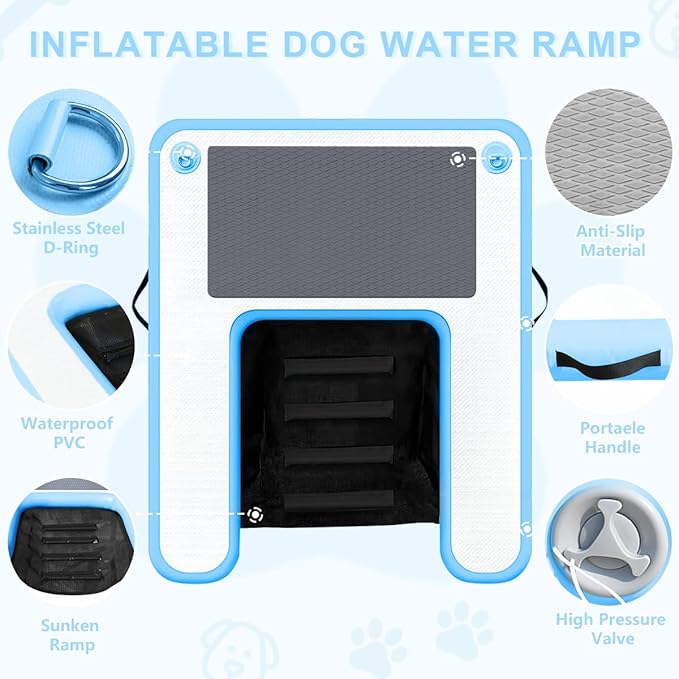 Inflatable Dog Boat Ramp Water Ramp for Pool, Float Floating Dog Ramps with Anti-Slip EVA for Lakes, Boats, Docks
