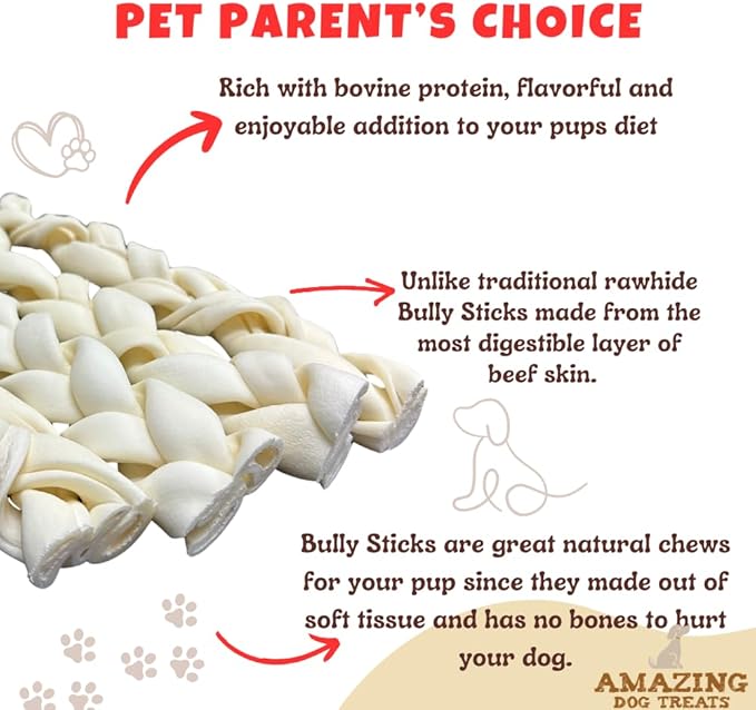 Amazing Dog Treats - Beef Cheek Braids Dog Chew (6 Inch - 50 Count) - NO Odor - Rawhide Alternative - Beef Cheek Slice Chip Sticks - No Dyes, Chemicals, or Preservatives