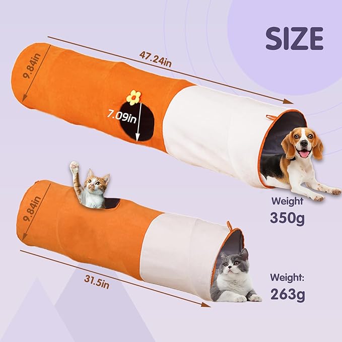 Cat Tunnels for Indoor Cats,Collapsible Crinkle Pet Toy with 3 Holes & Balls,9.8in x 37.5in/47.2in Orange Play Tube for Kittens,Rabbits,Guinea Pigs & Ferrets (9.84inx31.5in)