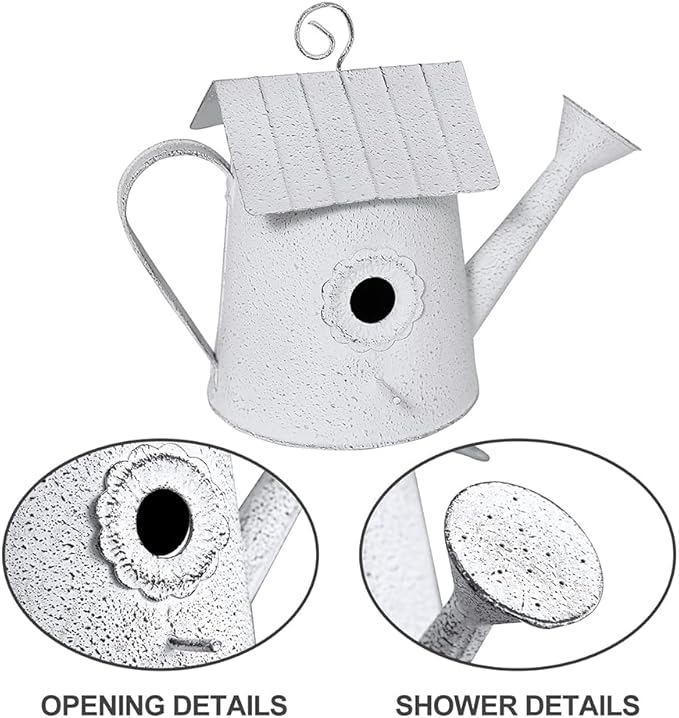 Vintage Hanging Bird Houses for Outside Metal Birds Nest Box for Bluebird Wren Chickadee Sparrow Garden Patio Outdoors Birdhouses Unique Distressed Decoration Watering Can Shape White