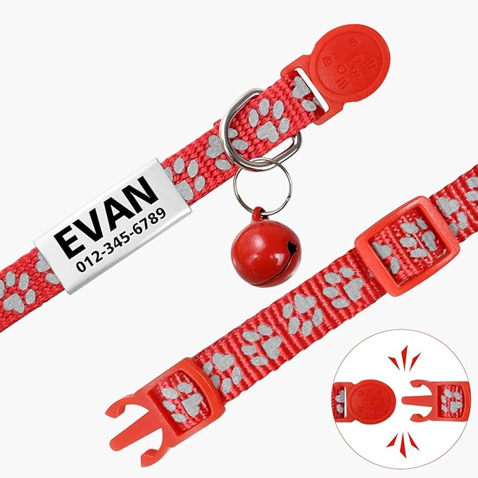 TagME 2 Pack Cat Collar with Name Tag, Personalized Reflective Cat Collar Breakaway with Bell for Boy & Girl Kitten, Red