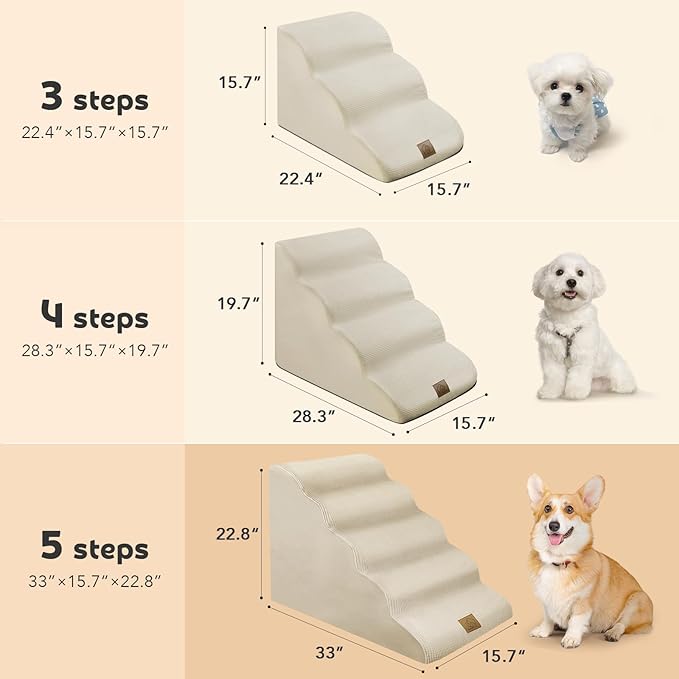 Mestuel 23in High Dogs Stairs, Foam Large Dogs Stairs for High Bed, Dog Stairs for Large Dogs, 5 Steps Dog Ramp to High Couch Sofa Bed Indoor with Gentle Slope& Nonslip Bottom, Lint Roller Set, Beige