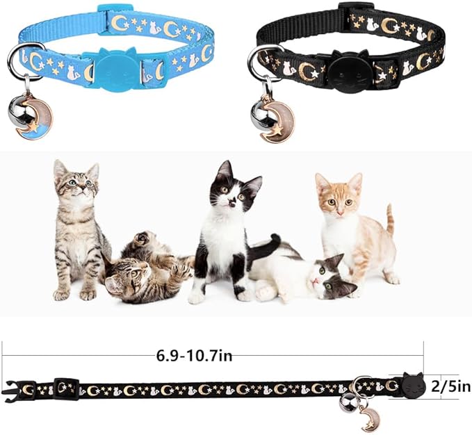 2PCS Breakaway Cat Collars with Bell Cute Kitty Glow in The Dark Adjustable Kitten Collars with Pendant(Black&Sky Blue)