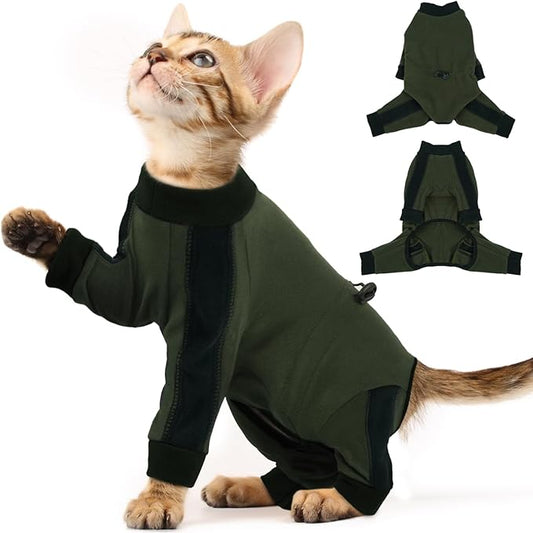 Cat Pajamas for Cats Only, Sticky Hair Cat Clothes, Long Sleeve Sphynx Clothes, Anti-Licking or Skin Disease Recovery Suit for Female Cats, Kitten Onesie Pajamas, ArmyGreen, L