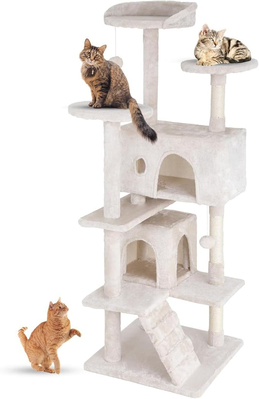 FDW Cat Tree 54in Cat Tower Multi-Level Durable Cat Scratching Post & Cozy Fun Cat Jumping Platform Space Saving Cat Condo Pet Play House for Indoor Cats,Beige