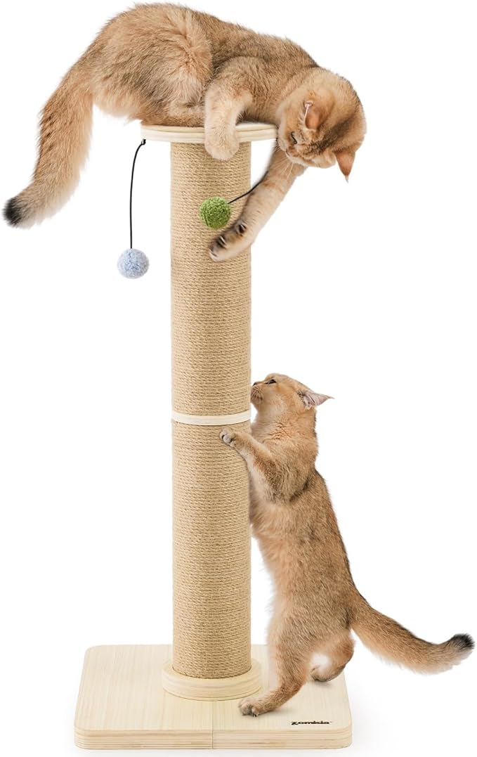35'' Cat Scratching Post for Indoor Cats Adults, Tall Scratching Posts with Thicken Wooden Base, Sisal Scratcher Top & Removable Dangling Balls, Super Sturdy for Large Big Cat