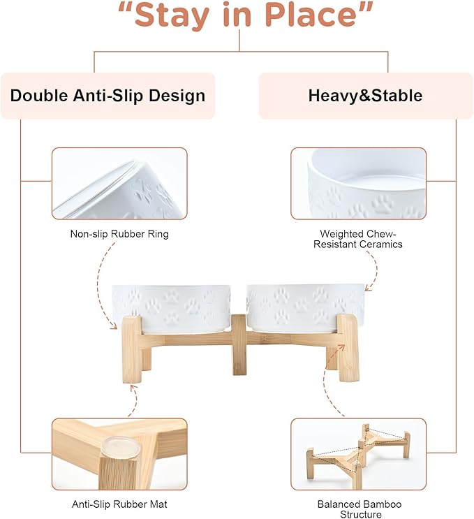 SPUNKYJUNKY Elevated Dog Bowls Ceramic, 5.1'' Dogs and Cat Food Water Bowls Raised with Non-Slip Bamboo Stand for Puppy Small Sized Breed Microwave Dishwasher Safe - 13.5 OZ,Paw White