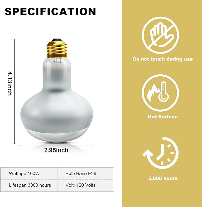 MIXJOY 100W Reptile Heat Lamp Bulb, 2Pack Reptile Basking Spot Light, Upgraded Intense Heat Basking Bulb, UVA Daylight Heat Lamp Bulbs for Reptiles, Bearded Dragon, Lizard, Tortoise, Chicken