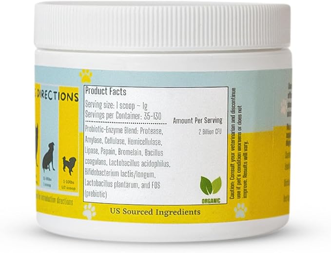 Dog & Cat Probiotics, Prebiotics, & Digestive Enzymes โ Flavorless Powder for Gut Health, Allergies, Itchy Skin, Gas & Diarrhea โ Organic, Vet-Approved โ 65g Bottle (Up to 65 Servings)