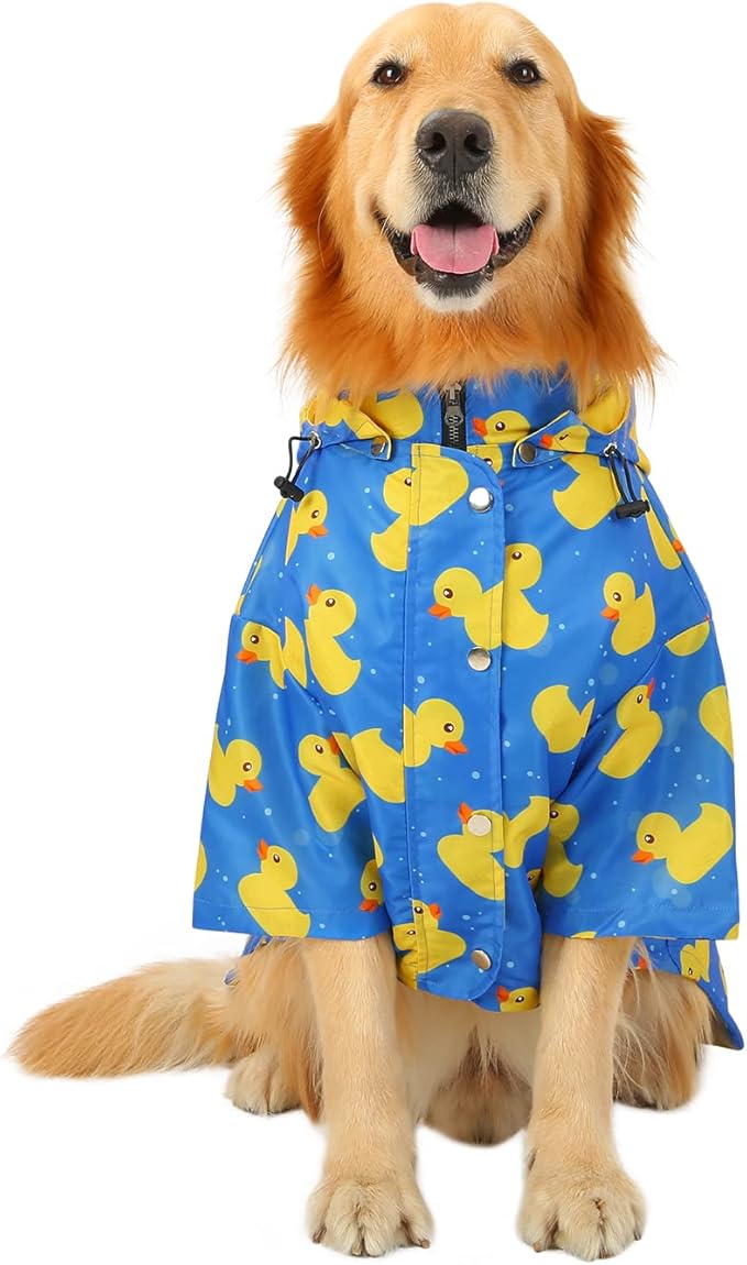 HDE Dog Raincoat Poncho Double Layer Zip Rain Jacket with Removable Hood, Leash Hole for Small to 3XL Dogs and Puppies Ducks Blue - XL