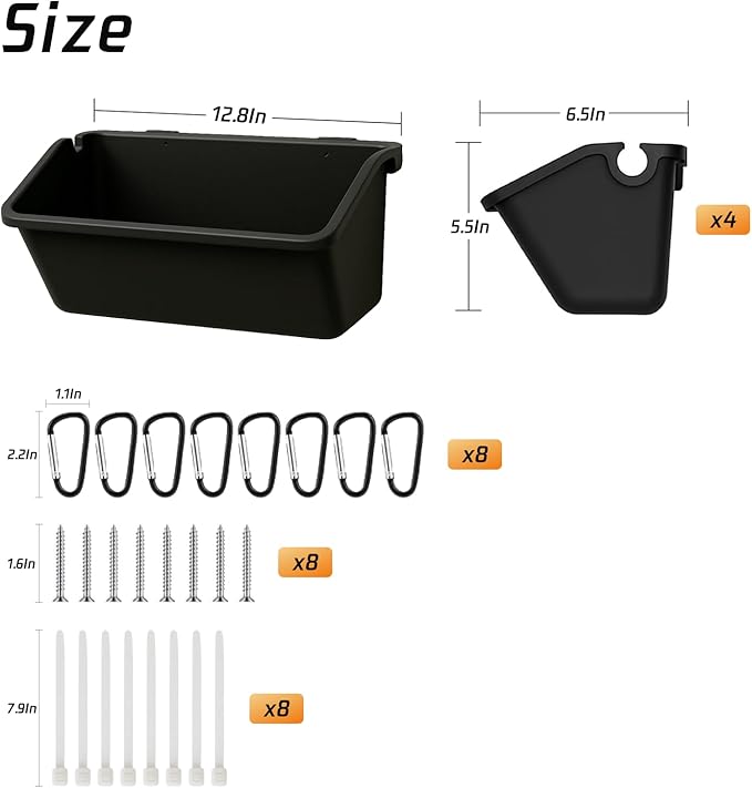 Hanging Chicken Feeder Troughs (4 Pack, 5 Qt) – Durable Black Plastic Poultry Feed & Water Buckets with Metal D‑Clips, Multi‑Animal Goat, Sheep, Duck, Pig, Horse, Chicken Coop Feeder