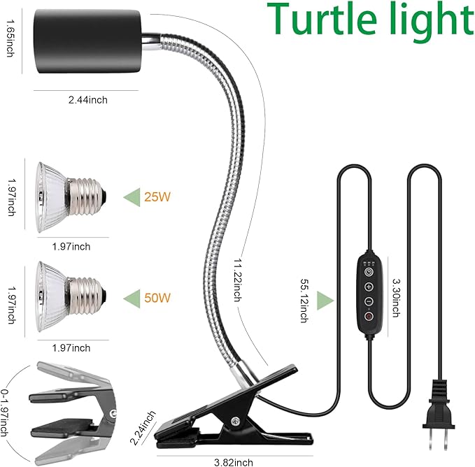 Reptile Heat Lamp with UVA/UVB - 25W & 50W Bulb Kit, 3-Speed Cycle Timer & Adjustable Stand for Turtles/Tortoises/Lizards