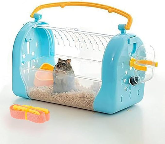 kathson Portable Hamster Cage Dwarf Hamster Carry Travel Cage with Water Bottle Food Bowl Adjustable Strap Pet Outgoing Cage for Gerbil Hedgehog Mice Squirrel
