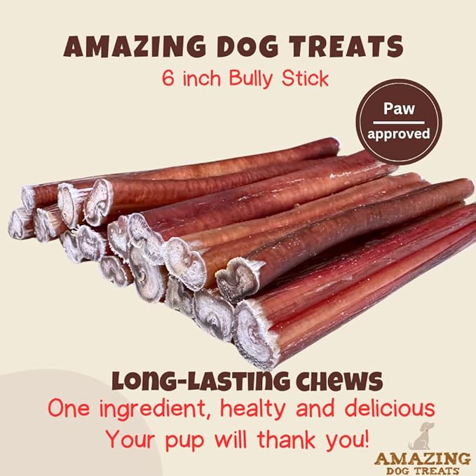 Amazing Dog Treats - 6 Inch Medium Size Bully Sticks (25 Count) - Bulk Bully Sticks for Dogs - No Hide Bully Stick Dog Bones