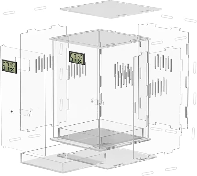 Reptile Terrariums with Temperature Hygrometer, 5.9"x5.9"x9.8" Acrylic Breeding Box Terrarium Cage Tank for Small Reptile Insect Home Office (Arboreal)