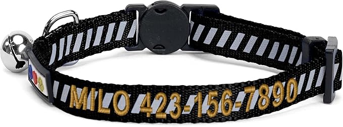 Pawtitas Personalized Cat Collar with Safety Buckle and Removable Bell Cat Collar with Name Phone Number Kitten Adjustable Collar Customized Cat Collar | Black Reflective Collar for Cats