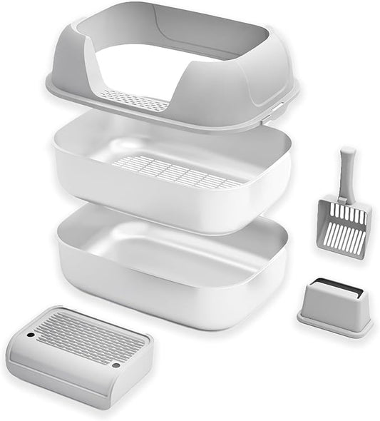 Stainless Steel Sifting Litter Box with Lid, Metal Litter Pan Tray with Scoop for Big Cats & Multi Cat, Extra Large Cats Litterbox Odor Control, Easy Clean (with Enclosure & Step, X-Large)