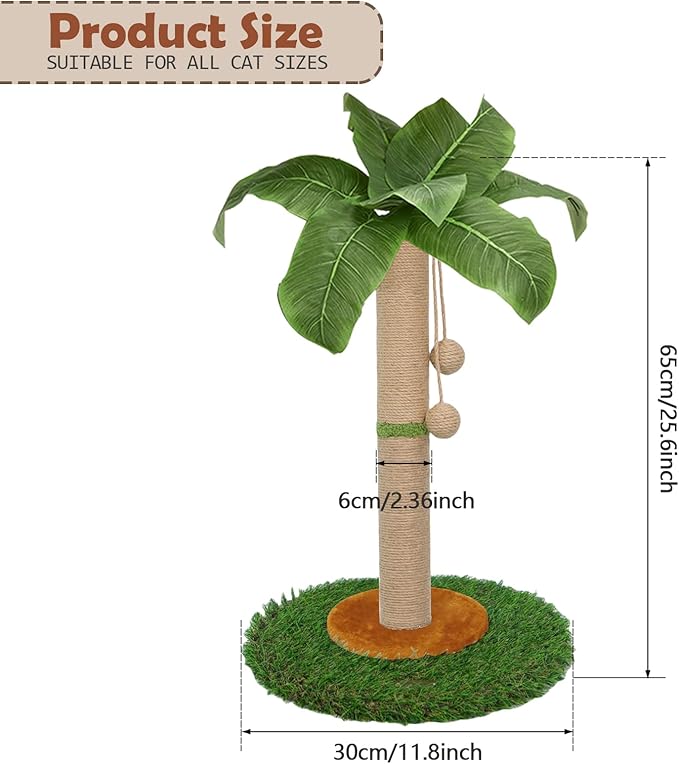 Cat Scratching Post for Indoor Cats and Kitten - 23.6 Inch Tall Cat Scratching Post with Sisal Rope, Palm Tree Scratch Post with Hanging Ball