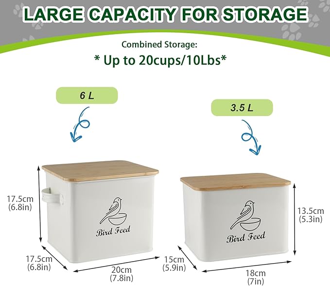 Airtight Bird Seed Storage Container Set of 2, 10LB Metal Bird Food Container with Bamboo Lids,Wild Bird Seed Tin for Storing Sunflower Seed-Squirrel proof -White